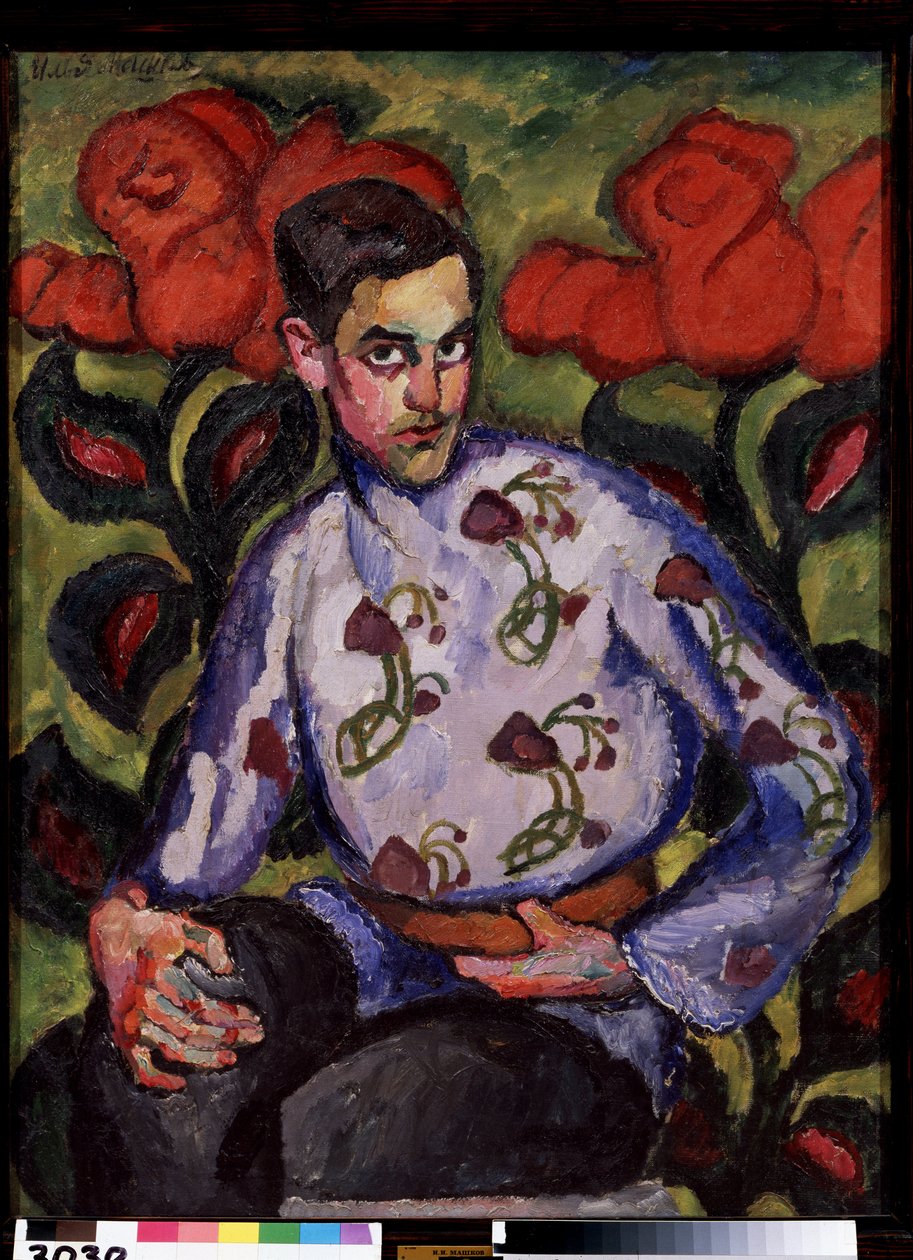 Portræt af en dreng i en skjorte med blomster. Maleri af Ilya Ivanovich Mashkov (Ilia Mashkov, Matchkov) (1881-1944), olie på lærred af Ilya Ivanovich Mashkov