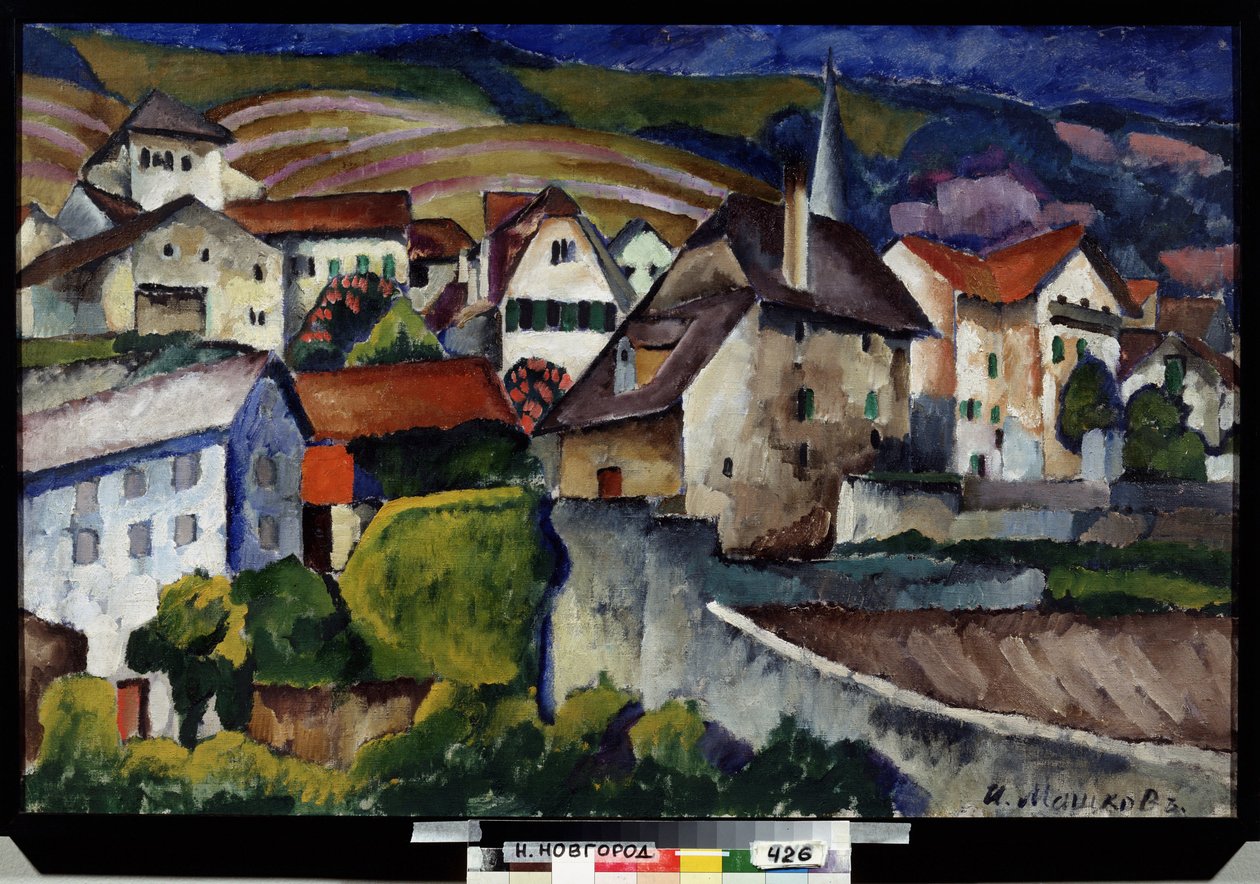 En lille by i Schweiz. Maleri af Ilya Ivanovich Mashkov (Ilia Mashkov, Matchkov) (1881-1944), olie på lærred af Ilya Ivanovich Mashkov