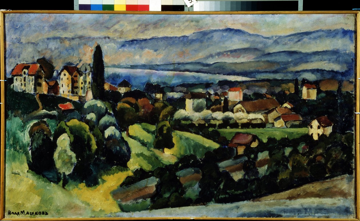 Udsigt over byen Nervi (Italien) Beskrivelse af landskabet og den lille by på kysten af ​​den italienske riviera, nær Genova, om sommeren. Maleri af Ilya Ivanovich Mashkov (Ilia Mashkov, Matchkov) (1881-1944), olie på lærred. af Ilya Ivanovich Mashkov
