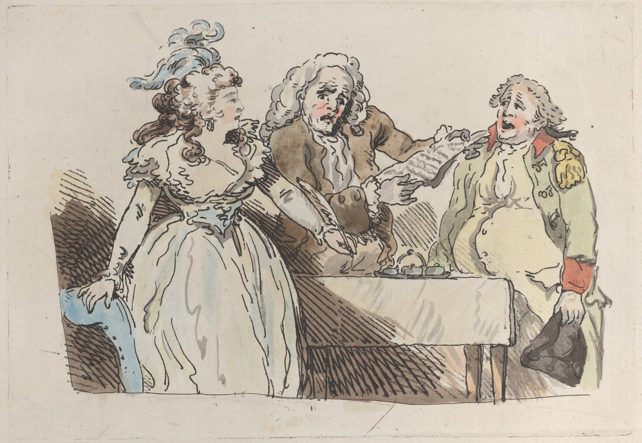 En ung kvindearving gør sig klar til at underskrive et dokument, 1780-1800., 1780-1800. af Imitator of Thomas Rowlandson.