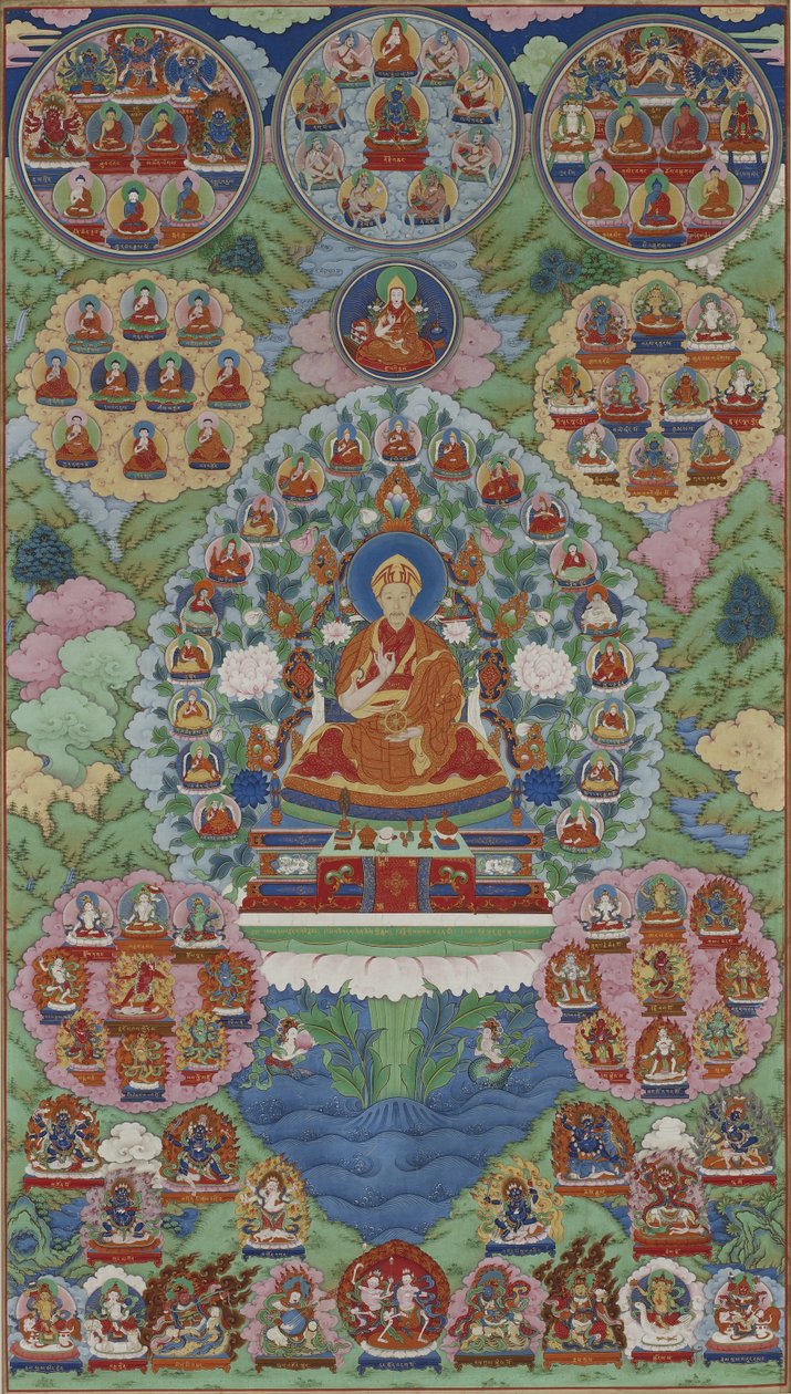 Qianlong-kejseren som Manjusri, Visdommens Bodhisattva, Qing-dynastiet (blæk, farve og guld på silke) af Imperial Workshop