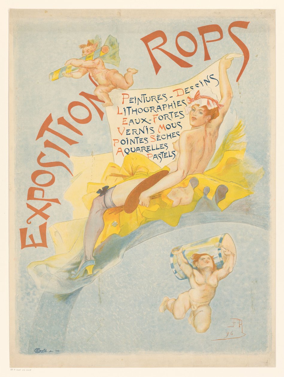 Plakat til udstilling med værk af Felicien Rops Exposition Rops (titel på objekt) af Imprimerie Crété