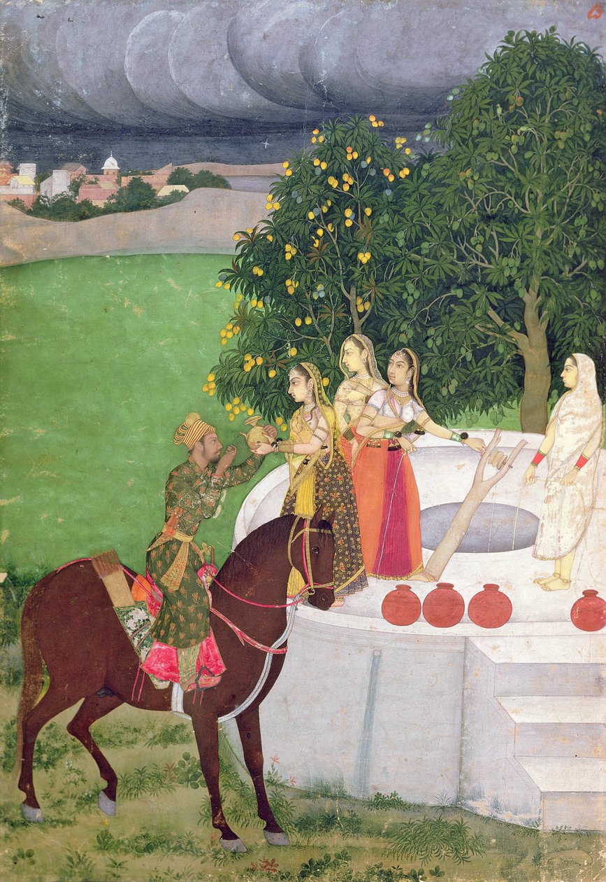 En prins, der tigger vand fra kvinder ved en brønd, Mughal, ca. 1720 af Indian School
