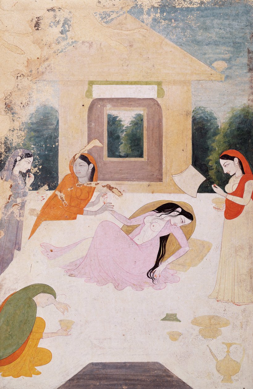En dame på en terrasse, fortvivlet af utilfreds længsel efter sin elsker, hendes ledsagere kan ikke gøre noget for at trøste hende, Guler, Pahari School, ca. 1810 af Indian School
