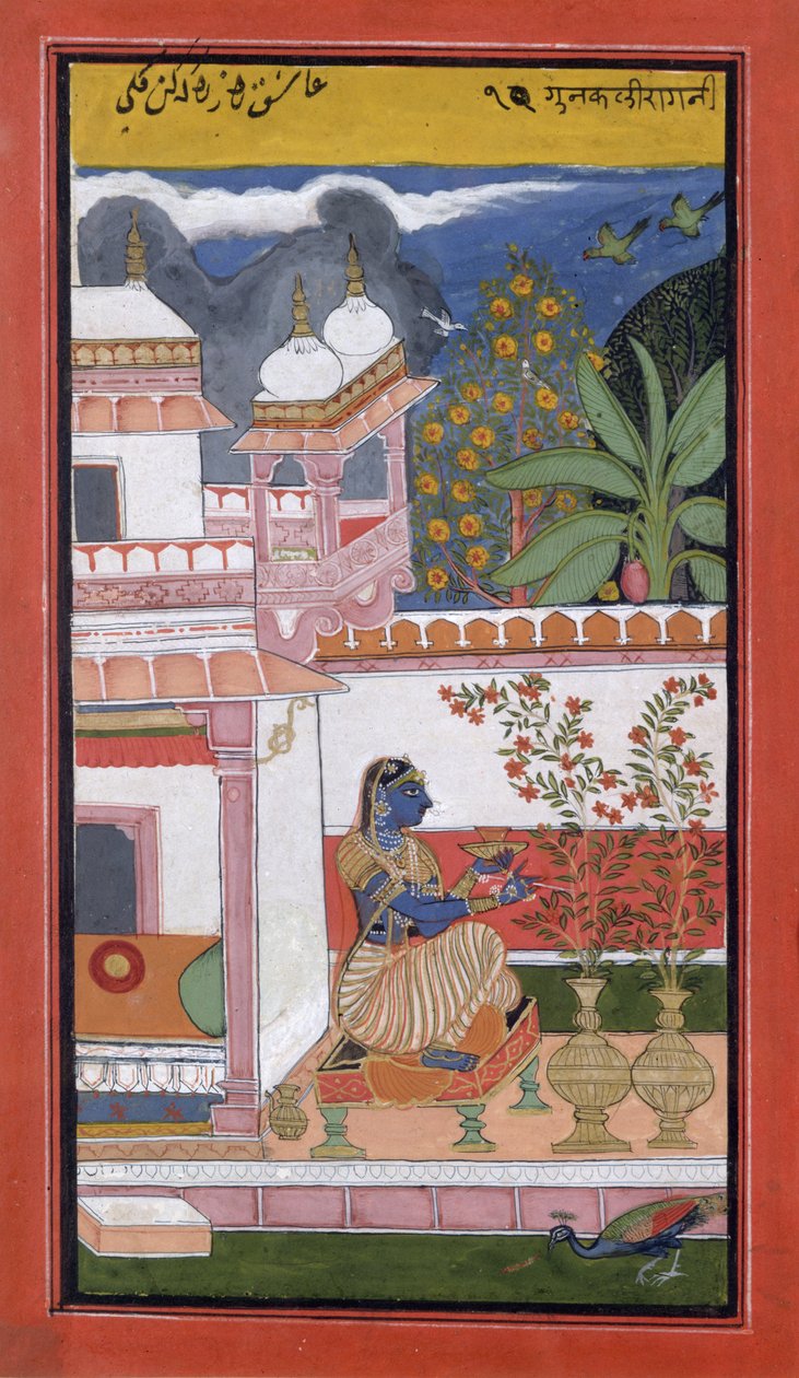 En dame plukker blomster fra en krukke, Bundi, Rajasthan, Rajput School, ca. 1680, af Indian School