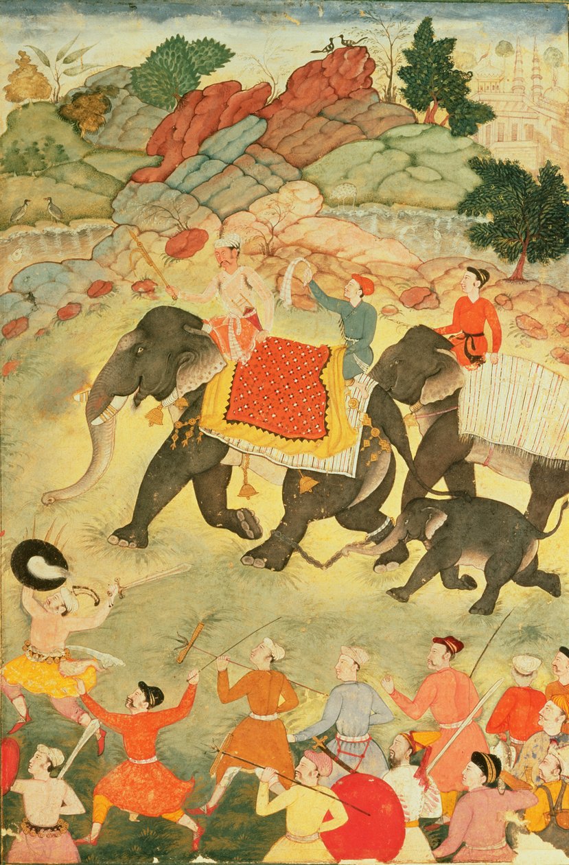Et parti elefantjægere, Mughal, ca. 1615, (tempera på papir) af Indian School