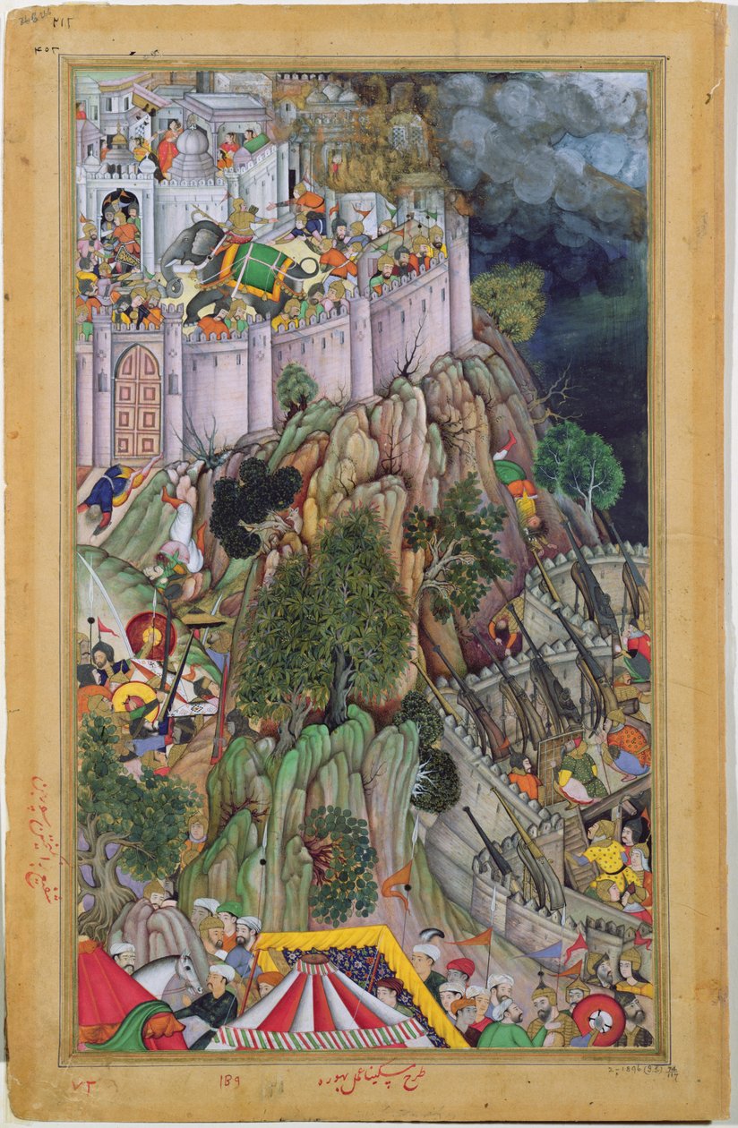 Akbars styrker belejrer Rai Surjan Hadas-fortet i Ranthambhor i Rajasthan i 1569 fra Akbarnama, Mughal, ca. 1590-95 (ugennemsigtigt wc & guld på papir) af Indian School