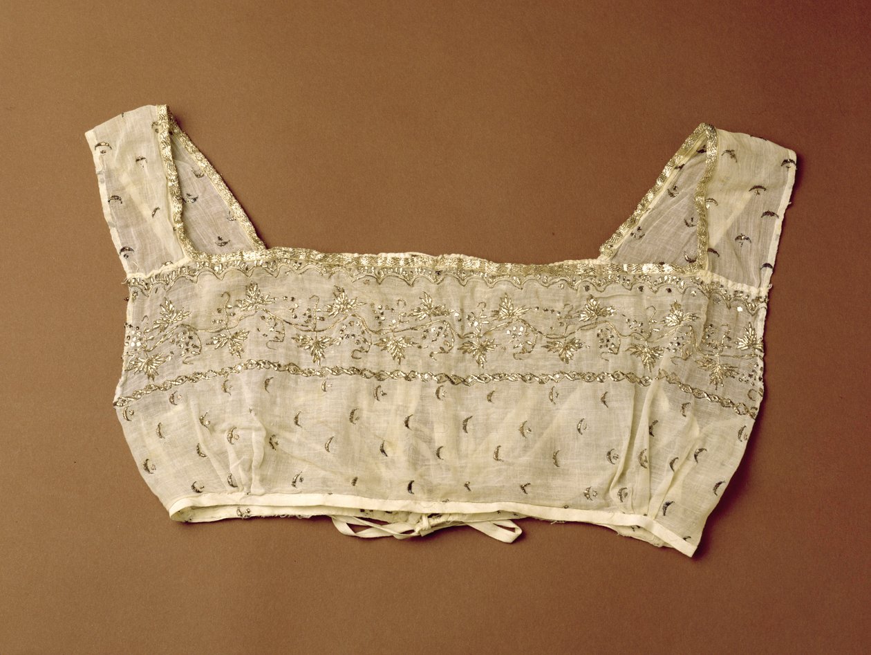 Overdel, broderet med fladtrykt sølvtråd, ca. 1805-10 (muslin) af Indian School