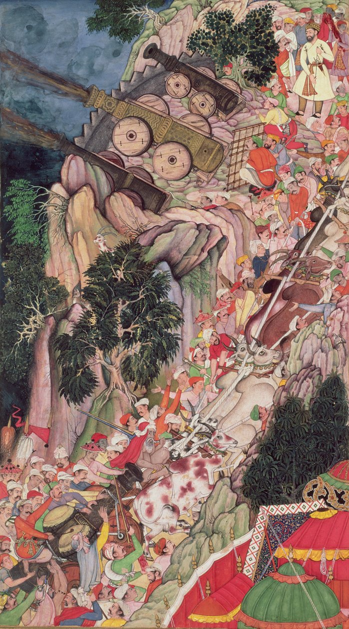 Tyre, der slæber belejringsvåben op ad bakke under et angreb på Ranthambhor Fort, fra Akbarnama, Mughal, ca. 1590-95 (ugennemsigtigt wc & guld på papir) af Indian School