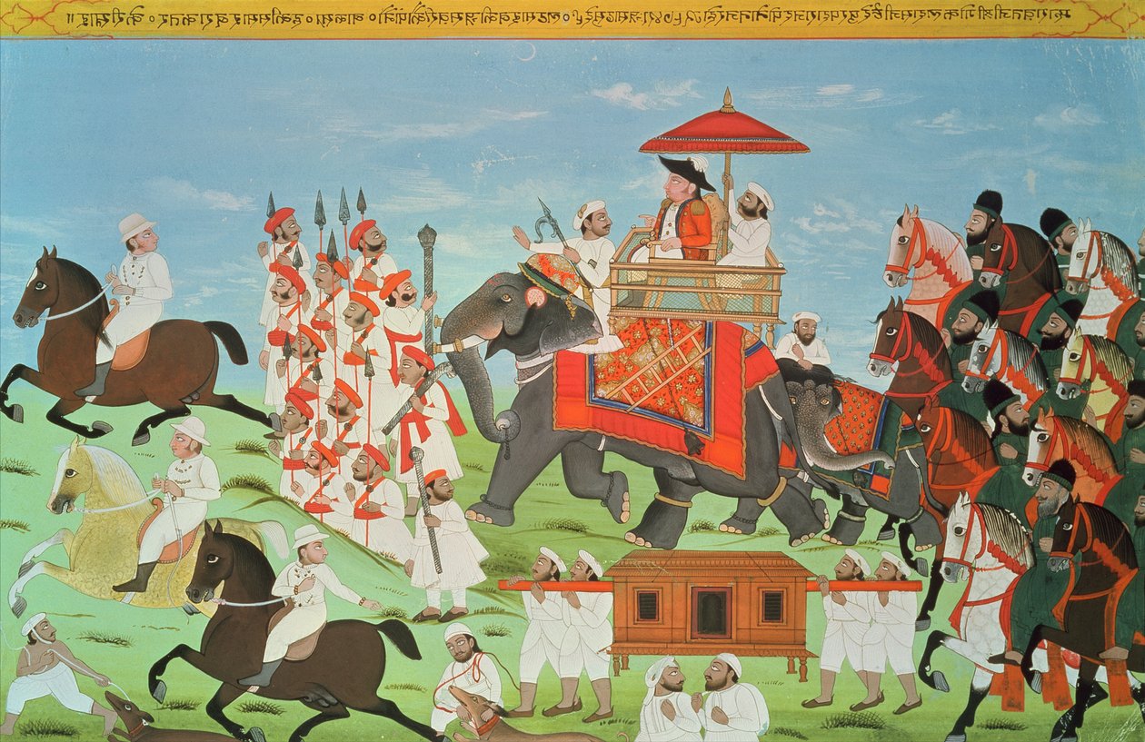 Oberst James Tod rejser med elefant gennem Rajasthan med sit kavaleri og Sepoys (gouache) (se også 82777) af Indian School