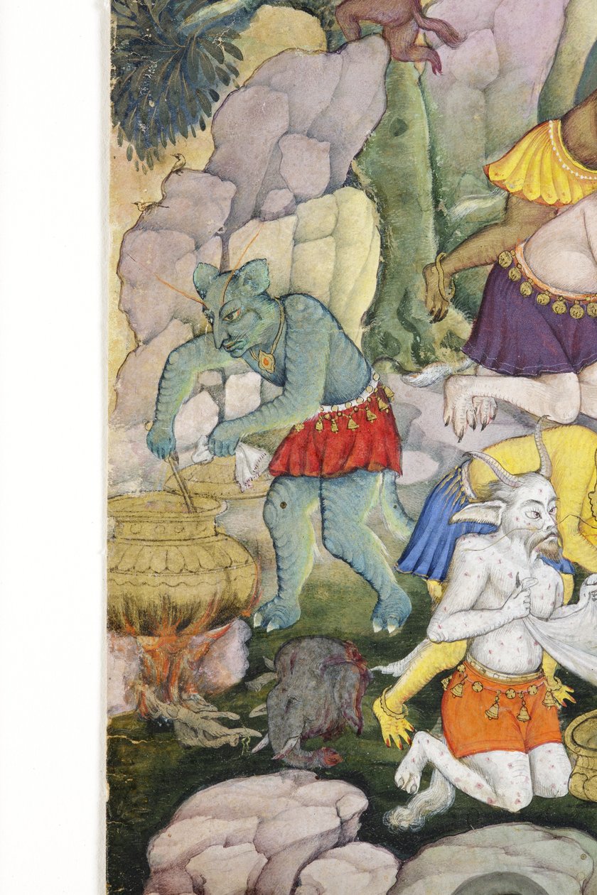 Detalje fra Demons in a Wild Landscape, ca. 1600 (ugennemsigtigt wc & guld på papir) af Indian School