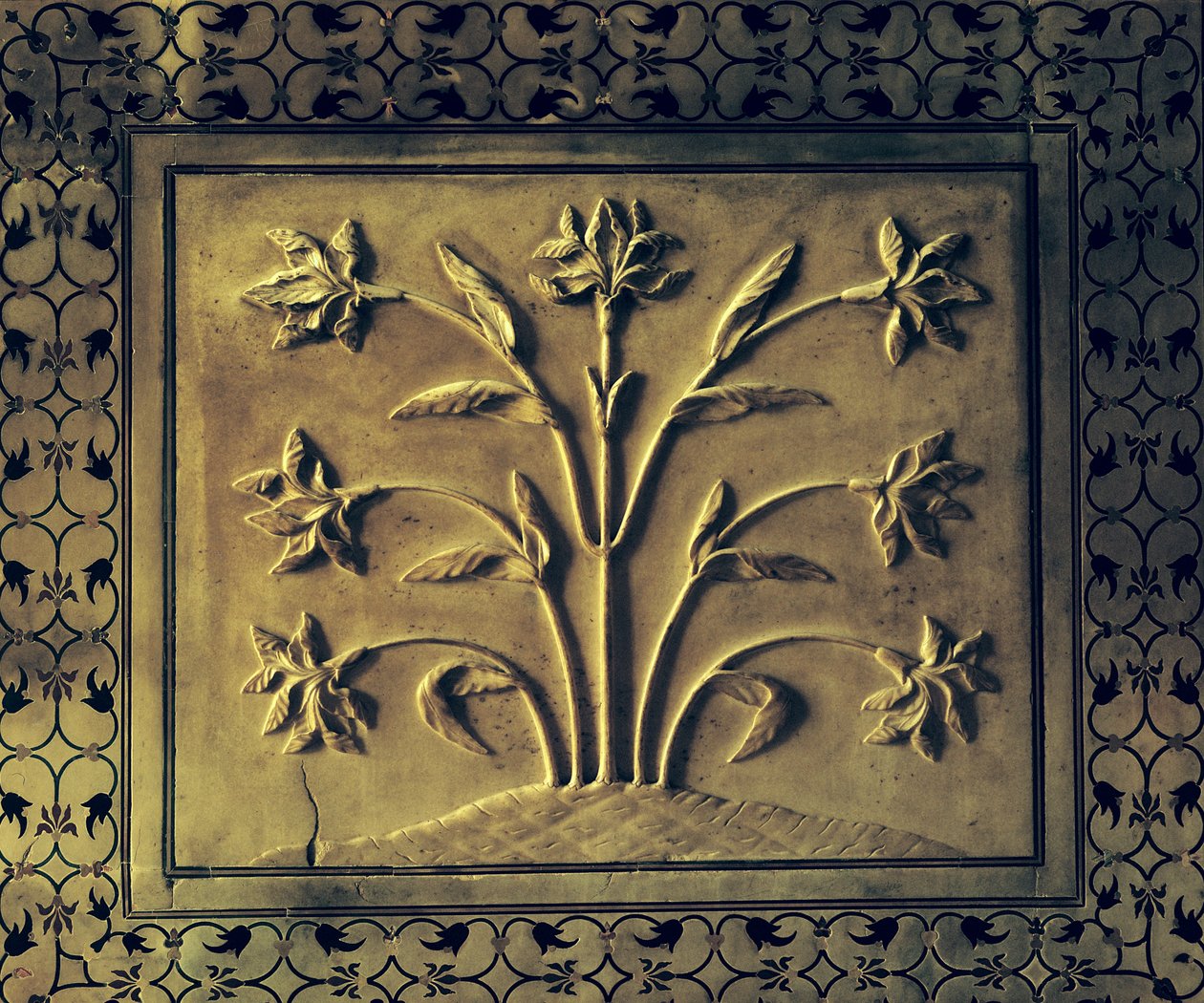 Blomstrende plante, detalje af et panel fra det cirkulære galleri, 1631-41 (marmor) af Indian School