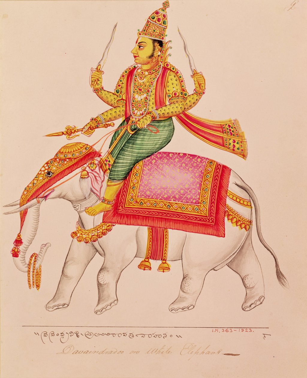 Indra, stormens gud, rider på en elefant, 1820-25 af Indian School