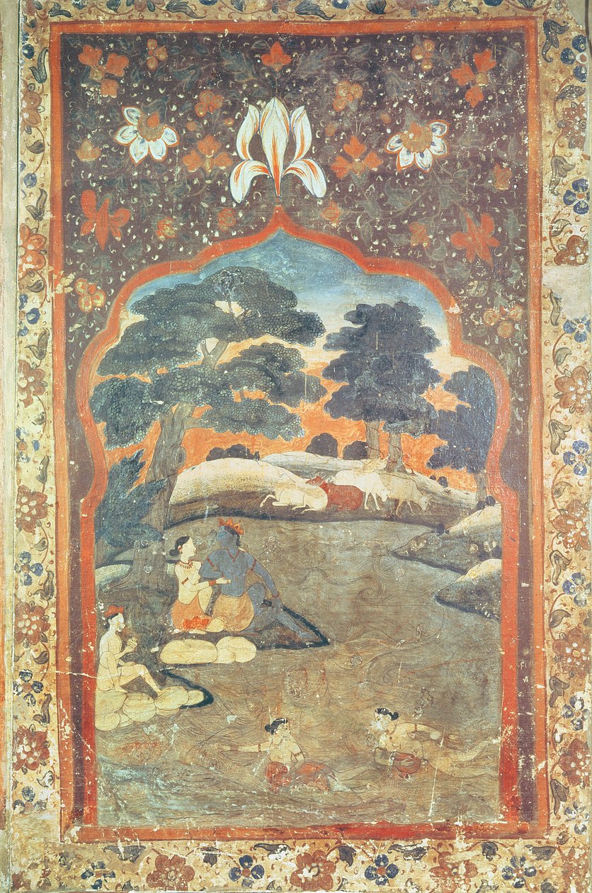 Krishna og Radha Beside a River, Pahari School af Indian School