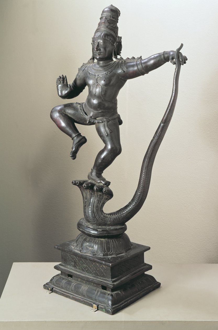 Krishna som dreng underkuer slangen Kalilya, Madras, 16.-17. århundrede (bronze) af Indian School