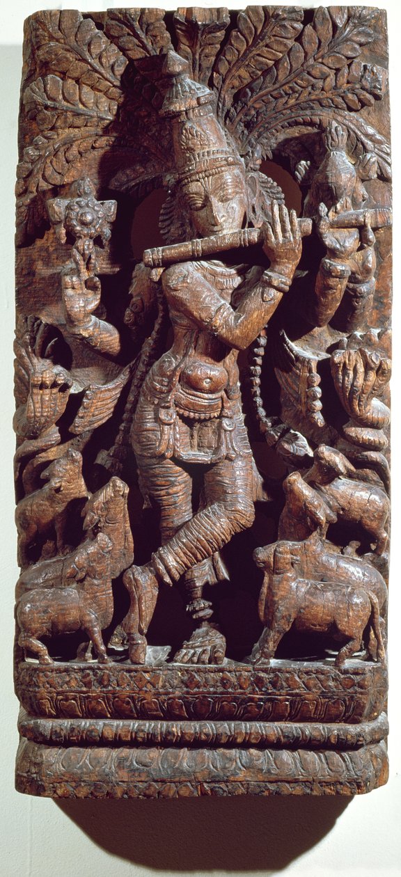 Krishna spiller på en fløjte (træ) af Indian School
