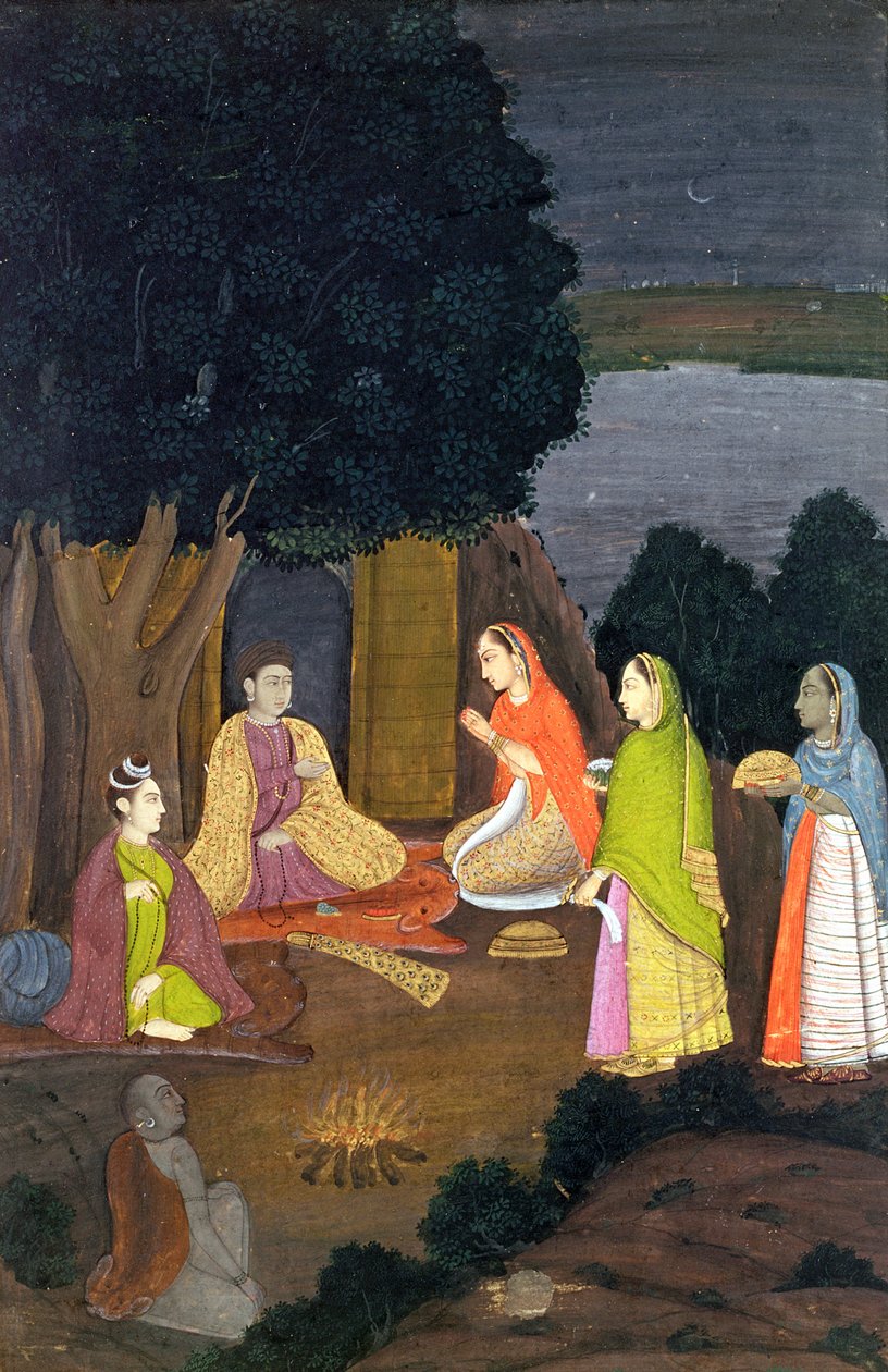 Damer på besøg hos en Yogini, School of Faqurullah Khan, Lucknow, Uttar Pradesh (ugennemsigtigt wc på papir) af Indian School