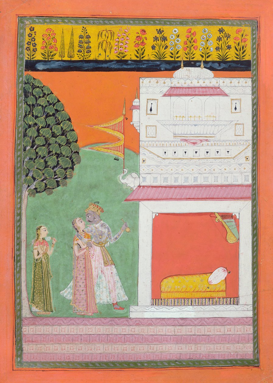Elskere nærmer sig et sengekammer, Malwa, ca. 1680 af Indian School