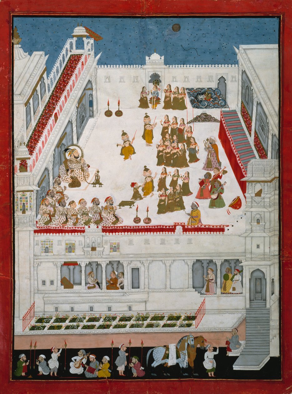 Maharana Jagat Singh II and Nobles Watching the Raslila Dance Dramas, ca. 1736-40 (ugennemsigtigt wc og guld på papir) af Indian School