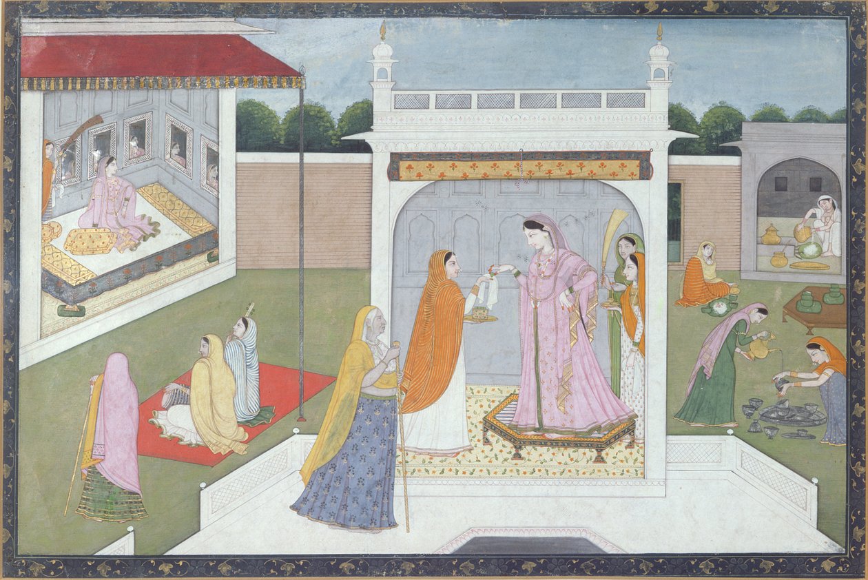 Slotsfrue med hendes tjenestepiger, Kangra, ca. 1790 af Indian School