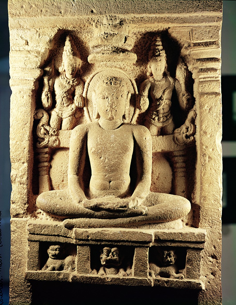 Relief, der forestiller Tirthankara Mahavira (599-527 f.Kr.) i meditation, fra Danavulapadu af Indian School