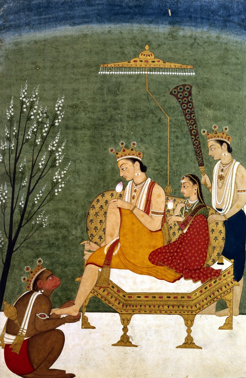 Syvende inkarnation af Vishnu som Rama-Chandra: Rama og Sita genforenet (maling på papir) af Indian School