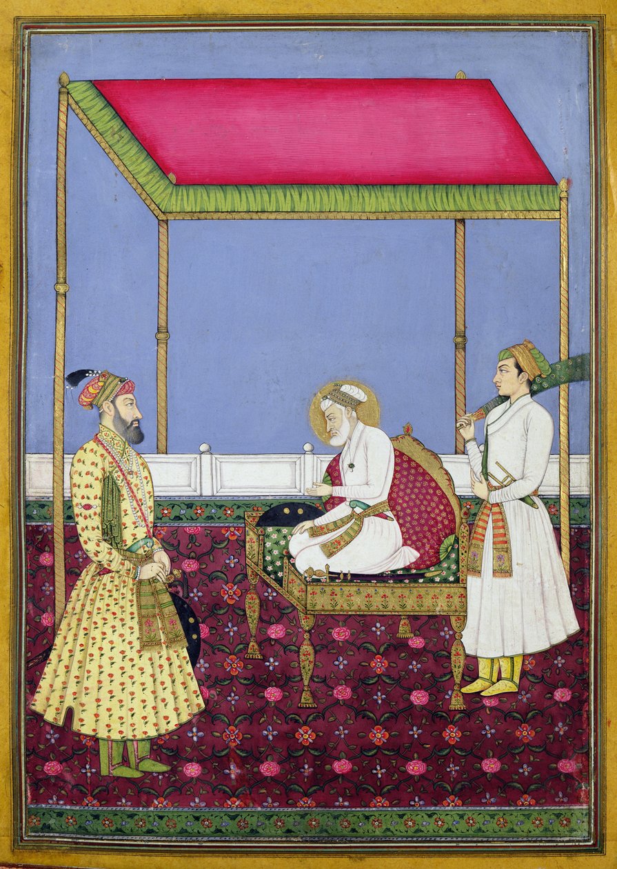 Kejser Aurangzeb i alderdommen siddende på en trone, miniature fra et Muraqqa-album, begyndelsen af det attende århundrede (gouache og bladguld på papir) af Indian School