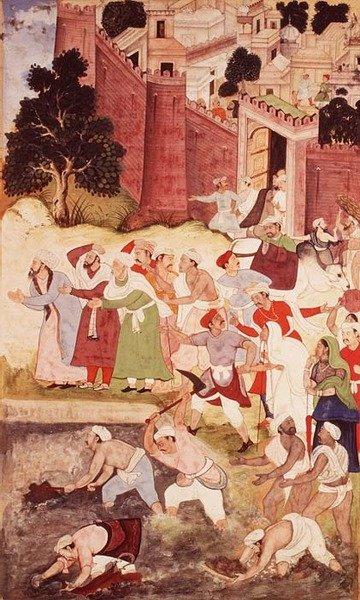 Rensningen af Kukur Talaoa nær Nagor, fra Akbarnama, mogul, 1590-95 (uigennemsigtigt wc og guld på papir) af Indian School