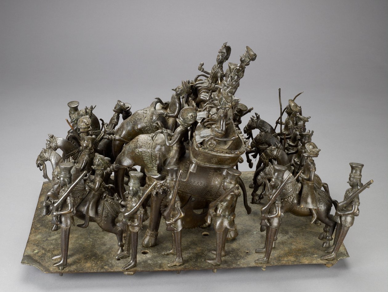 Kavalkaden af kongen af Oudh, der rider med den britiske beboer på elefanter, ca. 1820 (bronze) af Indian School