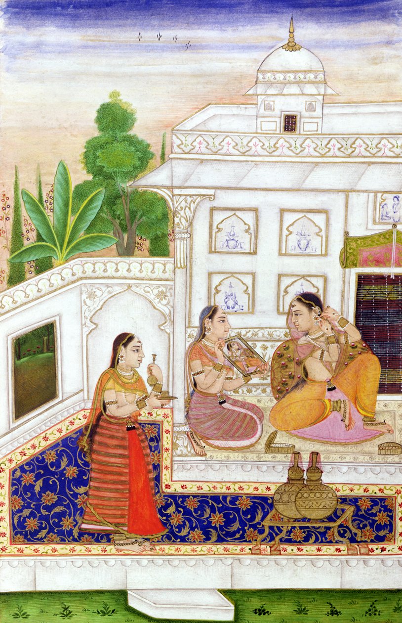 Vilaval Ragini: Kvinde ved sit toilet, fra en Ragamala, fra Bikaner, Rajasthan af Indian School