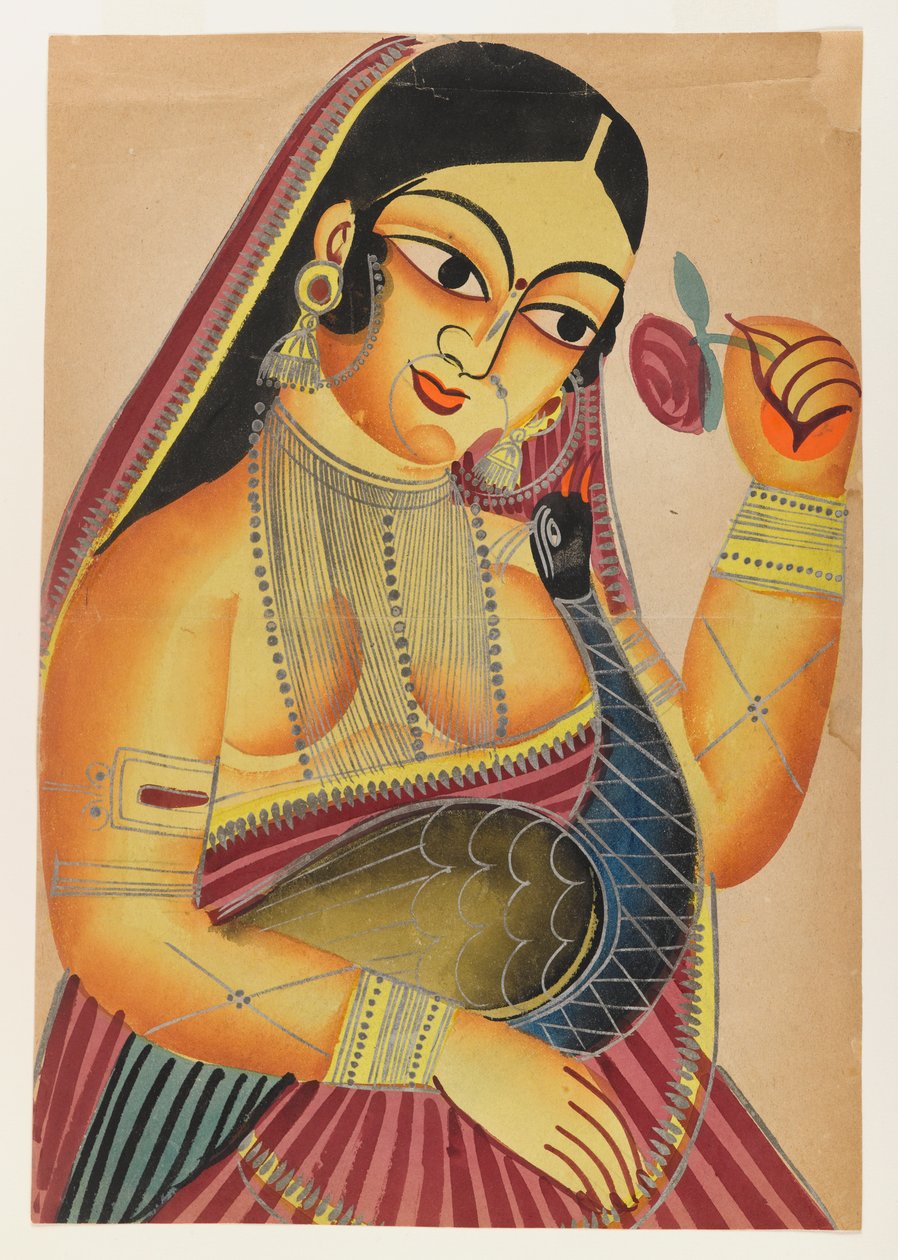 Gudinde Lakshmi med en rose og en påfugl, slutningen af det 19.-begyndelsen af det 20. århundrede (wc på papir med polerede tinaccenter) af Indian School