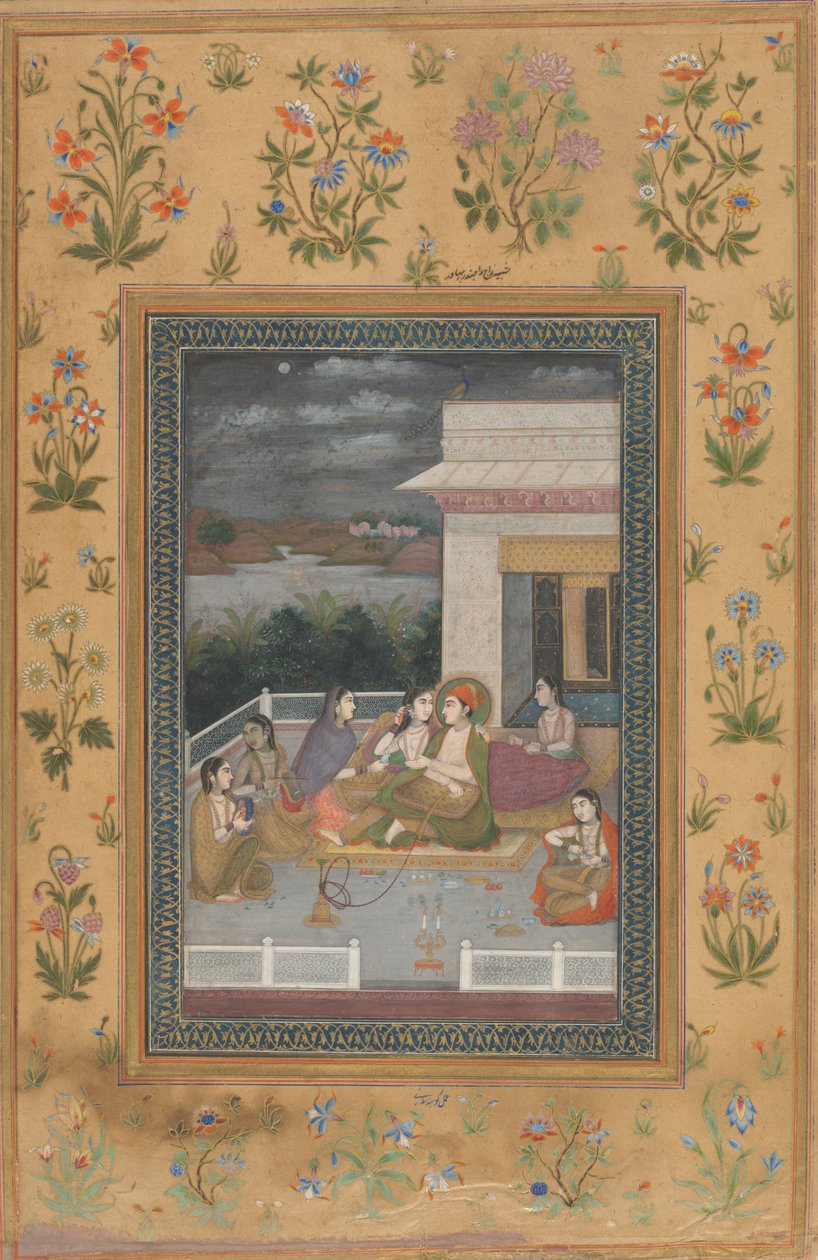 Et par på en terrasse omgivet af ledsagere og musikere af Indian 18th Century