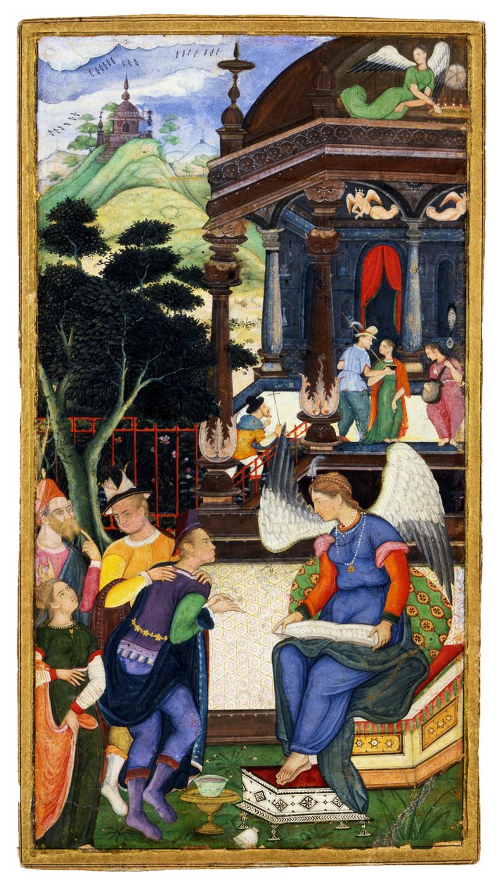 En engel, der samtaler med en gruppe europæere, ca. 1610 af Indian Art
