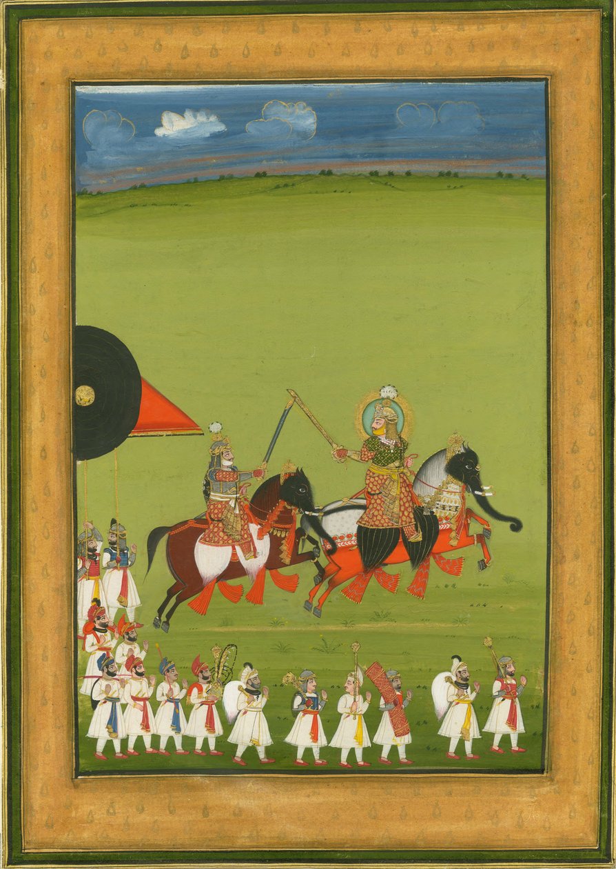 Rajah og søn på heste forklædt som elefanter, og en række ledsagere, ca. 1810 af Indian Art