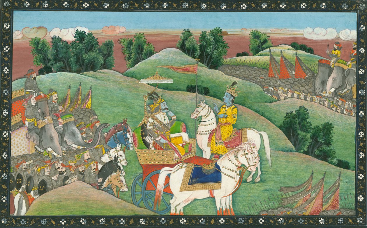 Dialogen mellem Lord Krishna og Arjuna, ca. 1830 af Indian Art