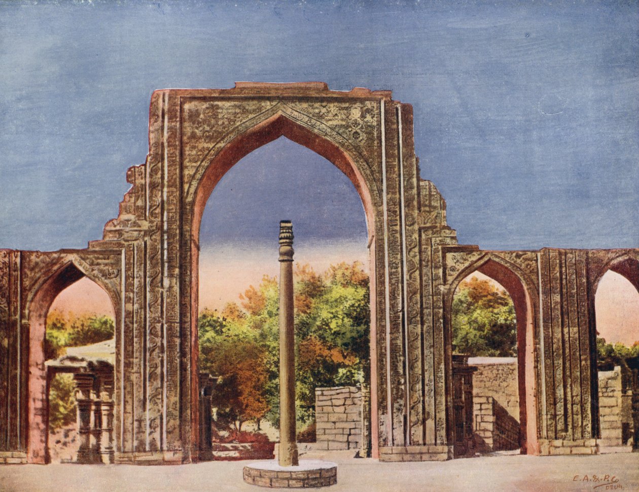 Quwat-ul-Islam Masjid og jernsøjle, Delhi, Indien (farvefoto) af Indian photographer