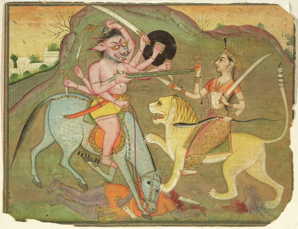 47.110/174 Durga i kamp med Mahishasura, fra Folioen af ​​
