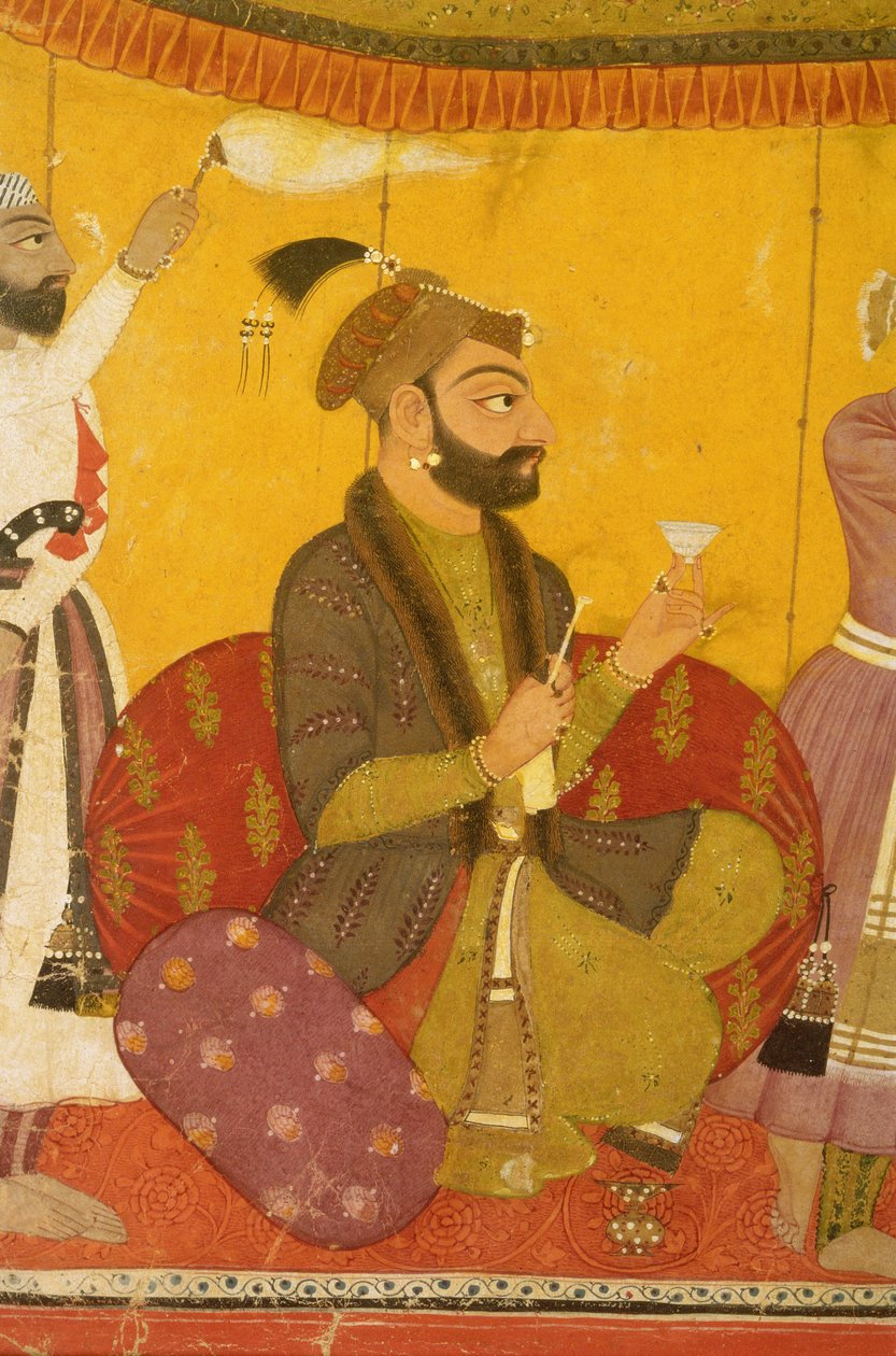 47.110/359 Gosain Narayan tager gift i nærværelse af kejser Jahangir, Nurpur, Pahari School, 1725 af Indian School