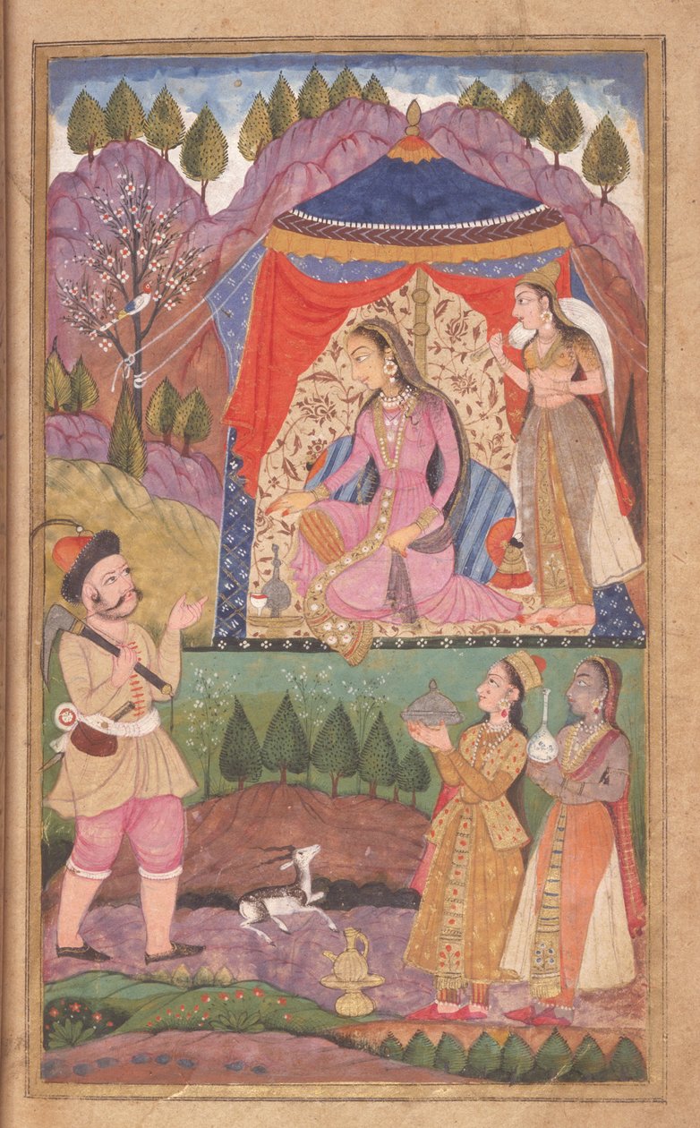 48.62 folio 138 Farhad fortæller om sine eventyr til prinsesse Shirin, fra Khusrau og Shirin, Deccani School, 1722 af Indian School