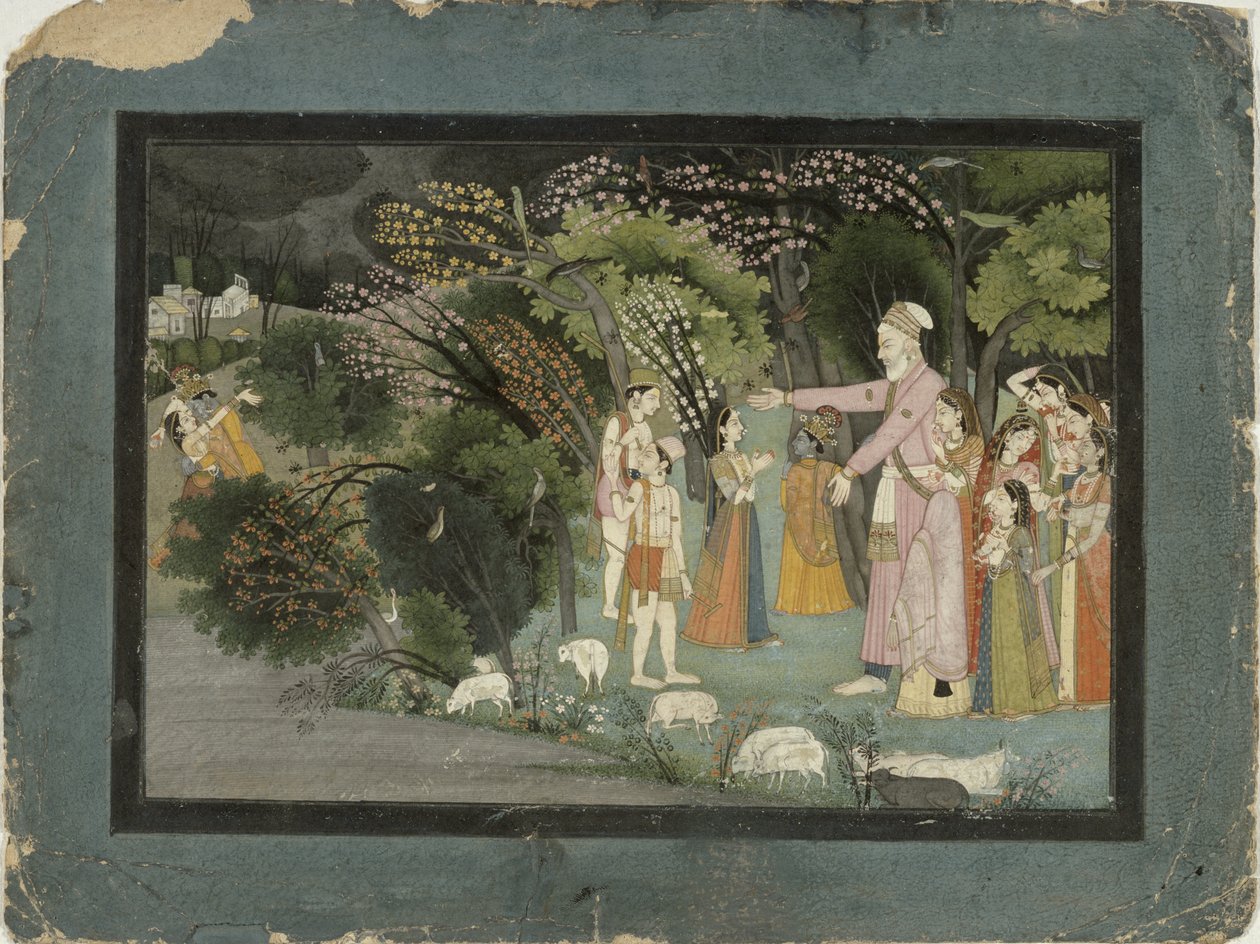 51.20728 Nanda beder Radha om at eskortere Krishna hjem, fra Gita Govinda, Garhwal, Pahari School, 1790 af Indian School