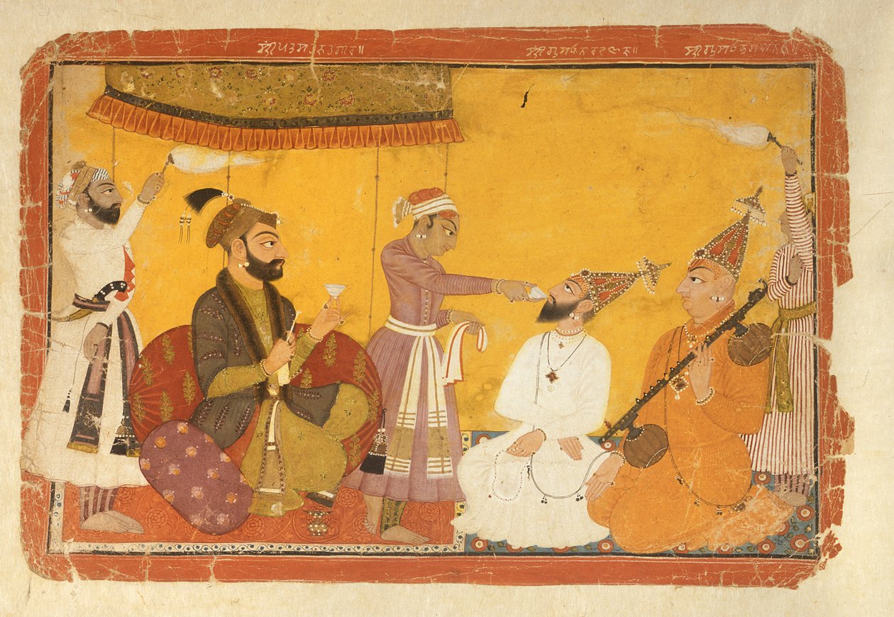 ]7.110359 Gosain Narayan tager gift i nærværelse af kejser Jahangir, Nurpur, Pahari School, 1725 af Indian School