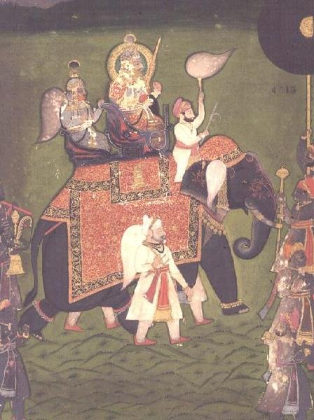 AS10 Album 43 nr. 4515 Rana Jawan Singh (1828-38) fra Mewar rider på en elefant i kaparison, ca. 1835 (ugennemsigtig akvarel) af Indian School