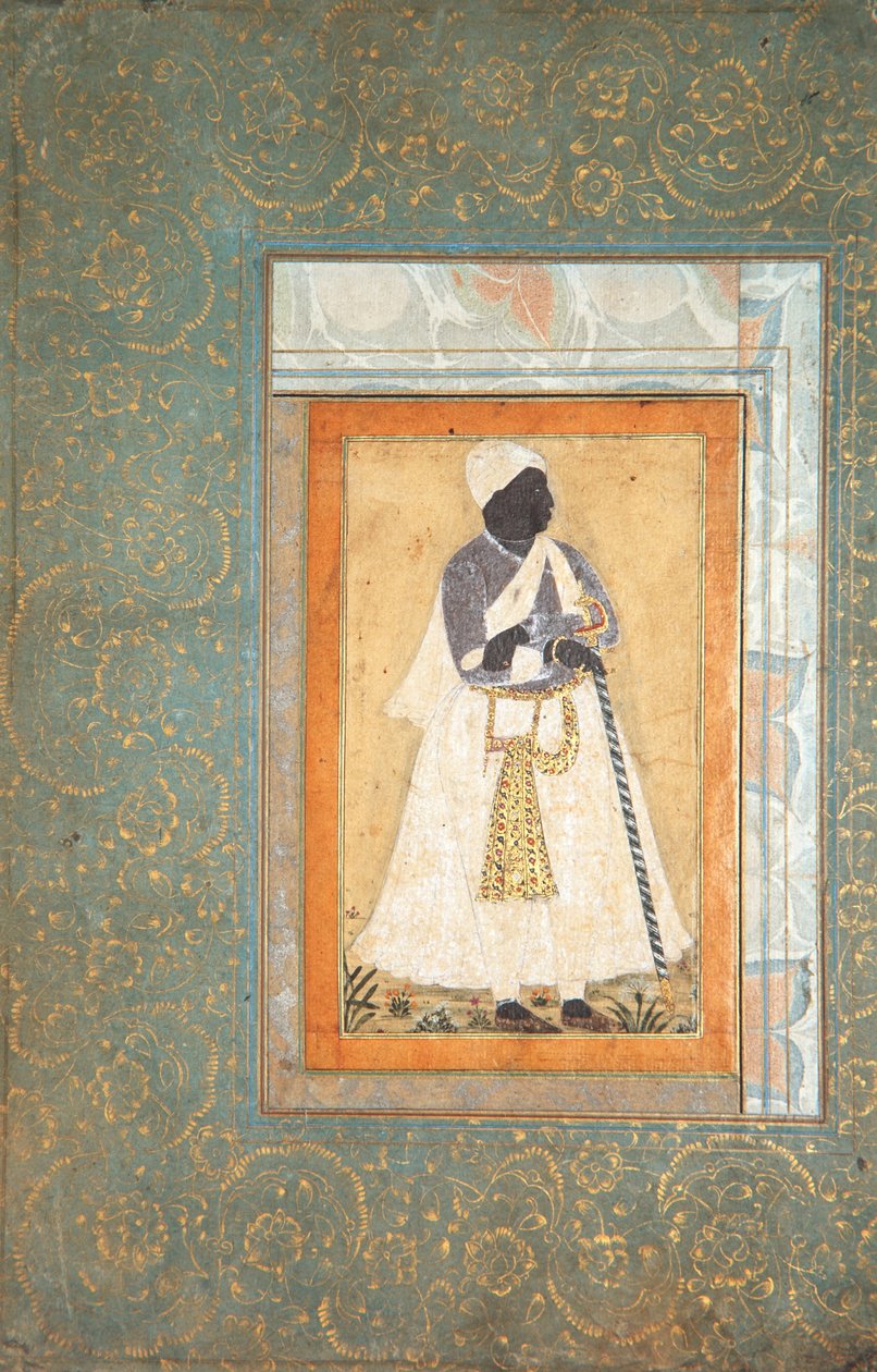 En sort mand læner sig op ad en lang stav, ca. 1682 (ugennemsigtigt wc og guld på papir) af Indian School