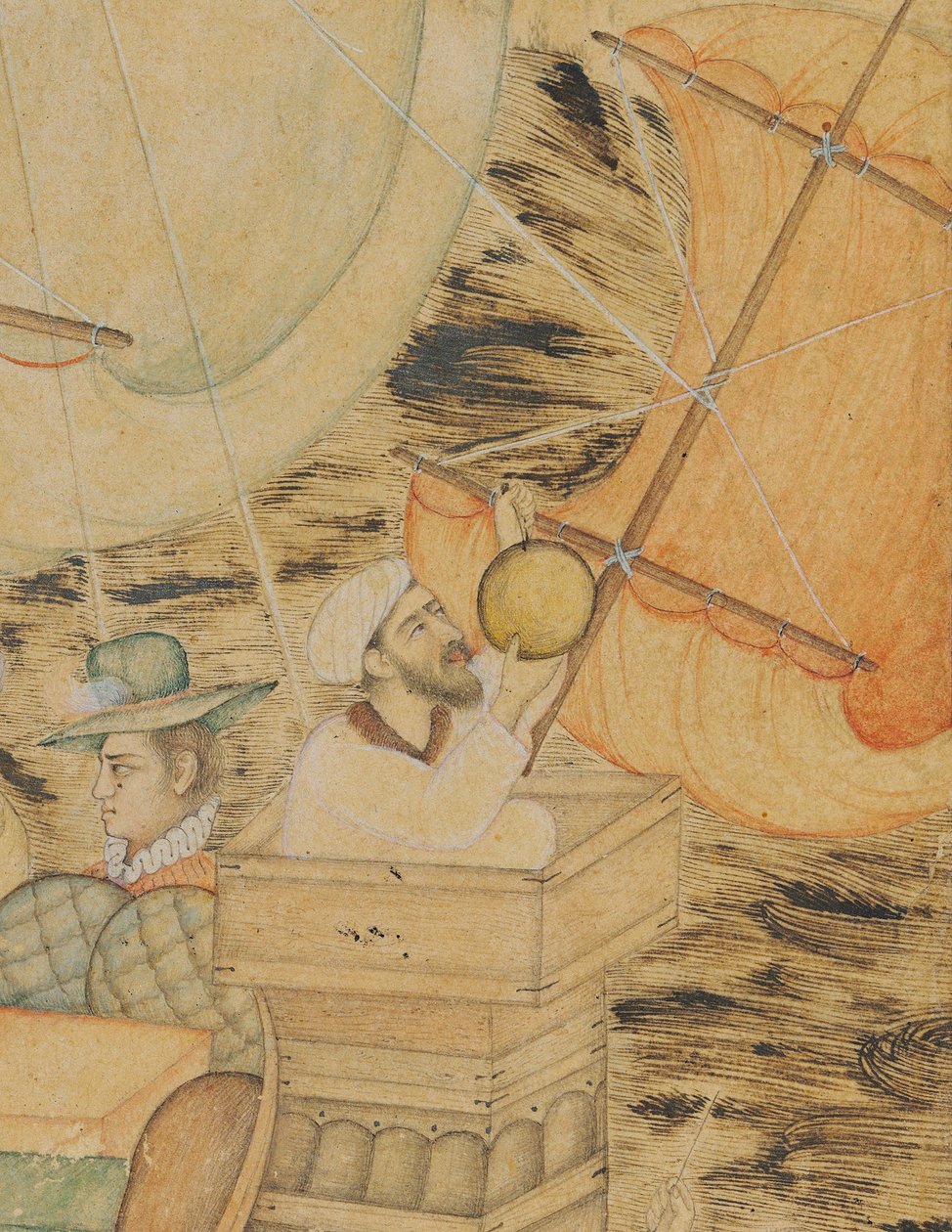 En karavel angrebet af et havmonster, Mughal Indien, ca. 1590 (ugennemsigtige pigmenter forstærket med guld og sølv på papir) af Indian School