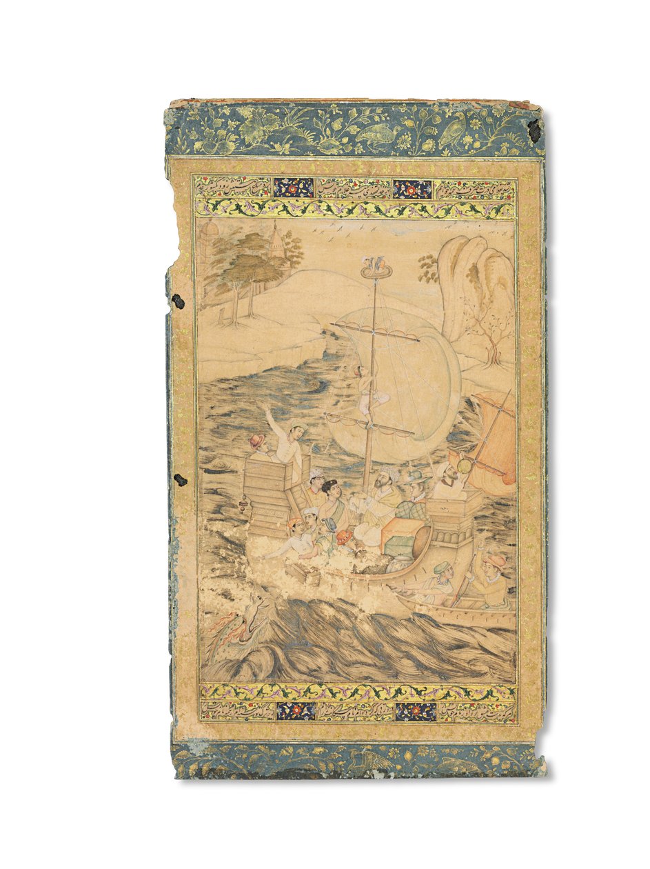 En karavel angrebet af et havmonster, Mughal Indien, ca. 1590 (ugennemsigtige pigmenter forstærket med guld og sølv på papir) af Indian School
