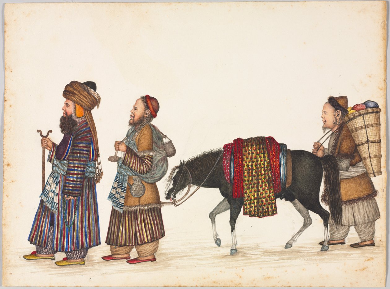 En familie af tartarer, ca. 1885 (blæk, akvarel og guld på papir) af Indian School
