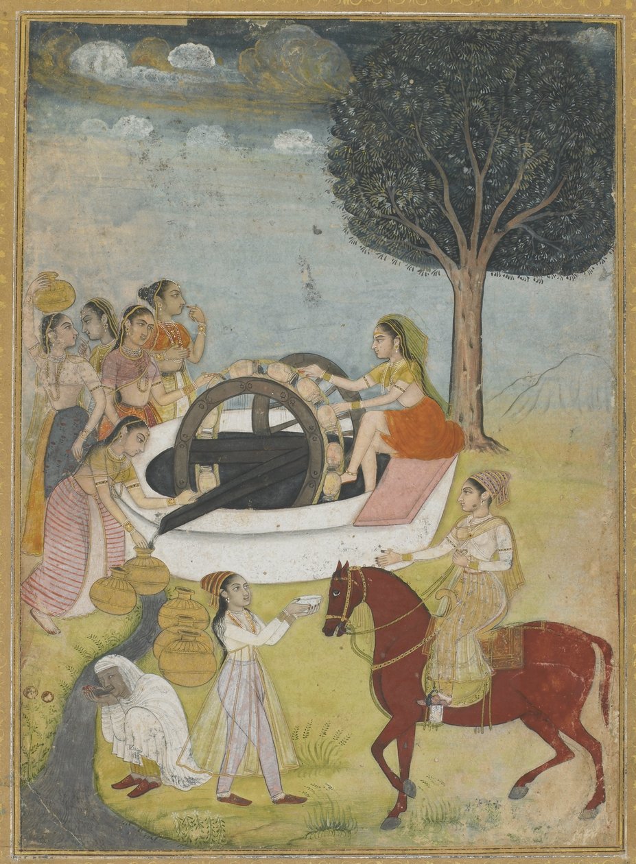 En gruppe kvinder ved en brønd (ugennemsigtigt wc og guld på papir) af Indian School