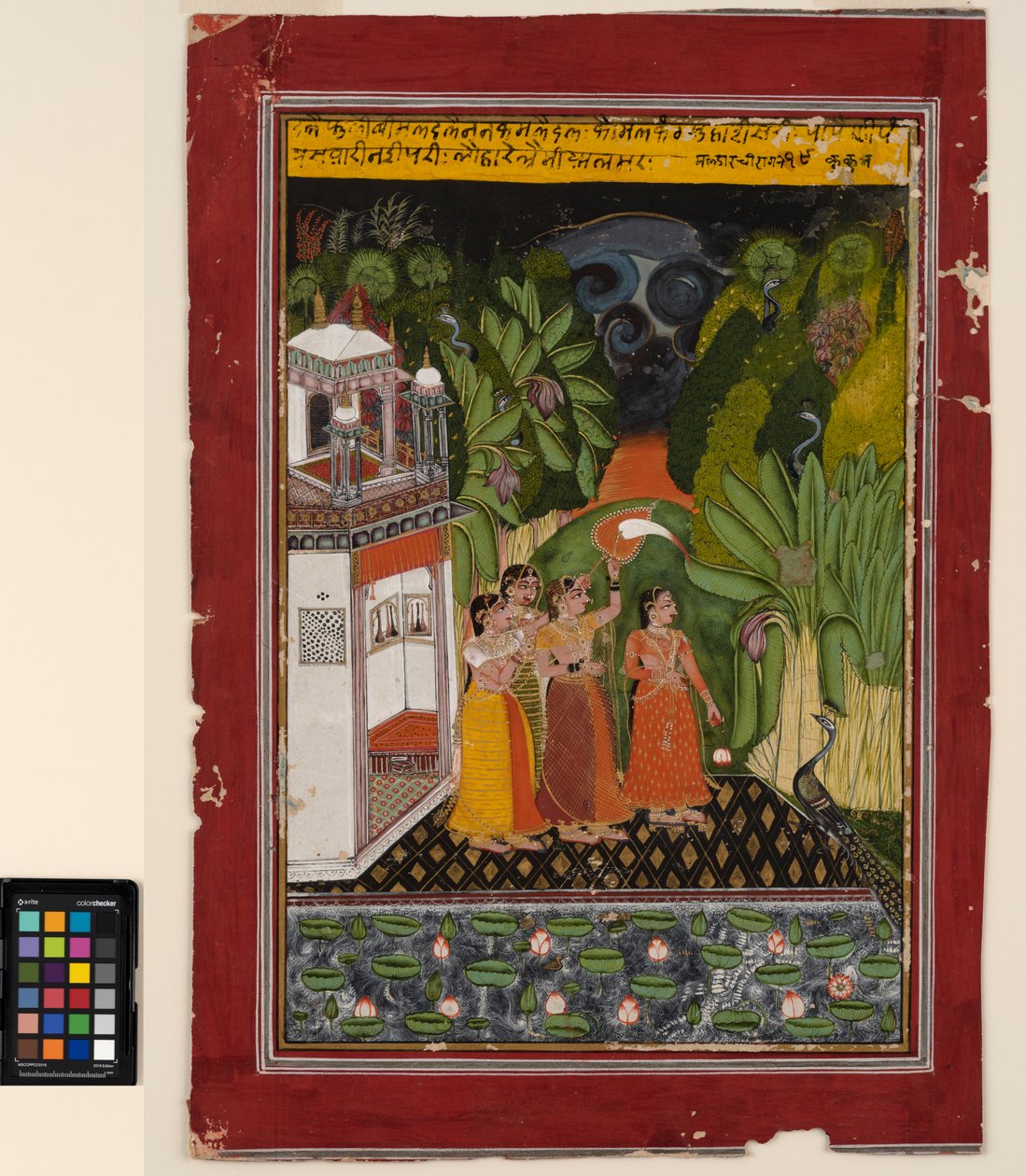 En heltinde venter på sin helt, ca. 1740 (ugennemsigtig akvarel og guld på papir) af Indian School