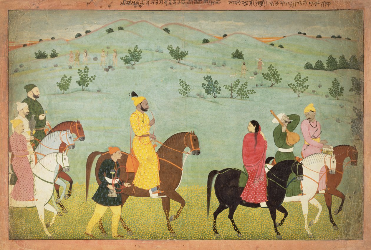 En Jasrota-prins, muligvis Balwant Singh, på rideekspedition af Nainsukh (fl. 1740-50) Kashmir, ca. 1751 af Indian School