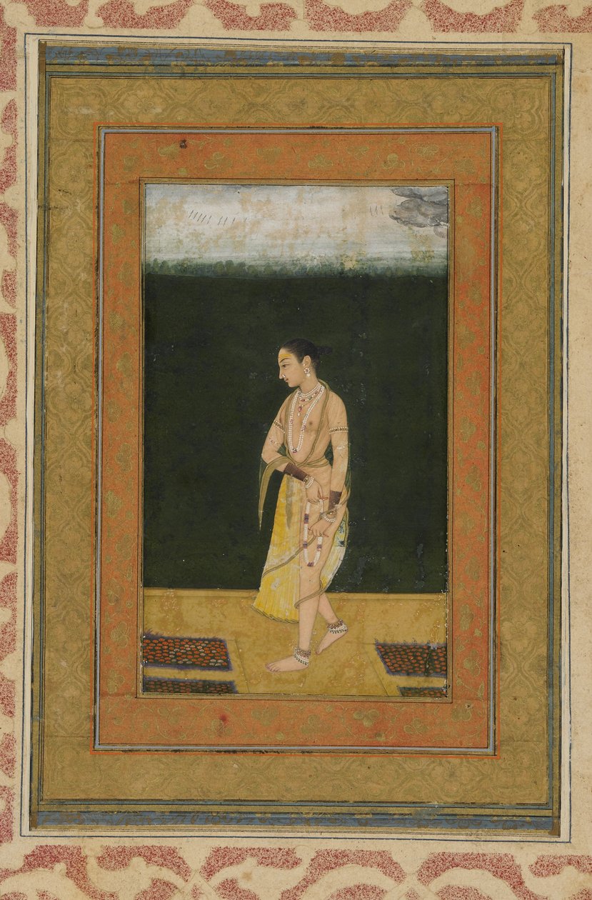 En dame går i en have, Albumfolio med maleri, ca. 1730 af Indian School